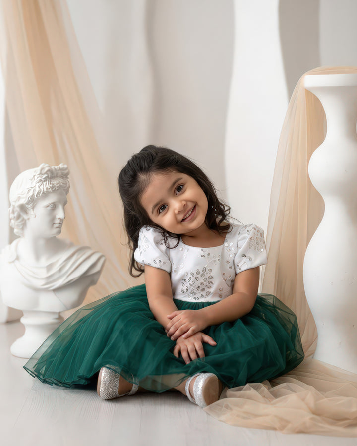 Bottle green white Christmas frock side view – Stanwells Kids