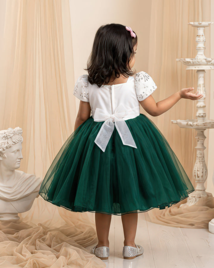 Bottle green white Christmas frock back view – Stanwells Kids