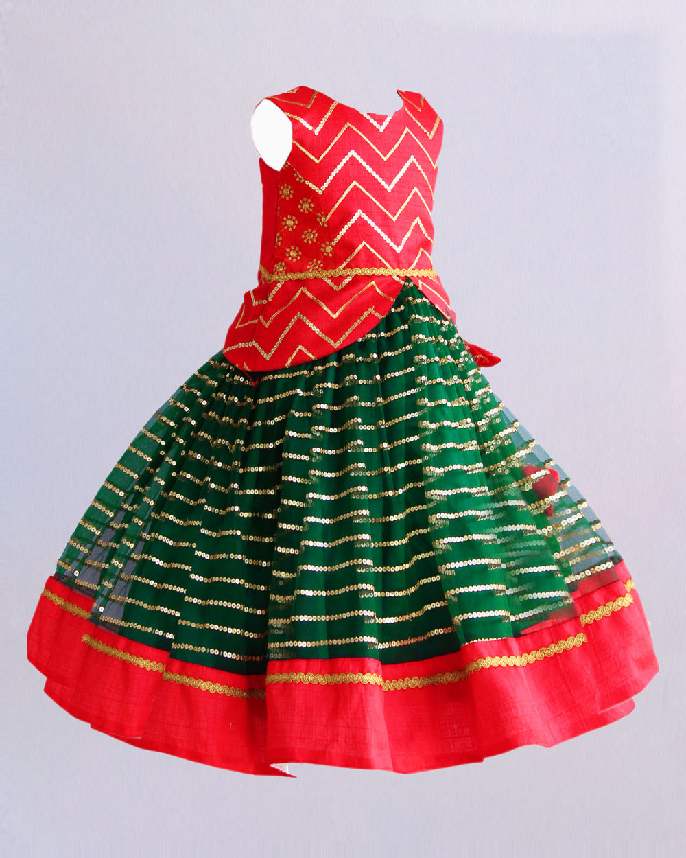 bottle green and red south indian sequins embroidery baby girls lehenga choli