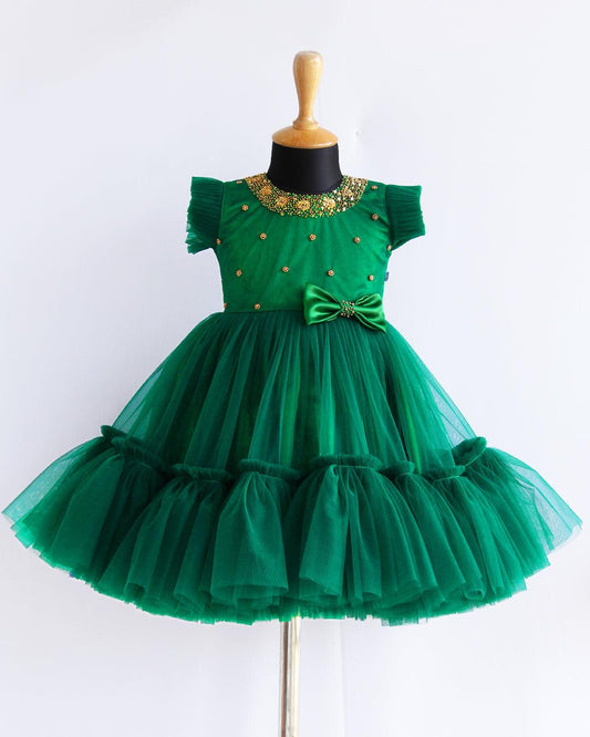 Bottle green heavy ruffles pleated handwork bow birthday frock for baby girl – Stanwells Kids