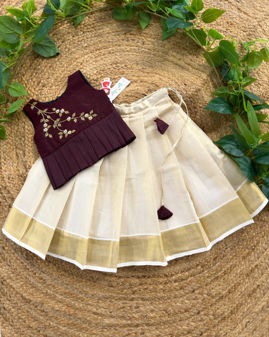 Burgundy Kerala handwork lehenga choli for baby girl – front view, Stanwells Kids