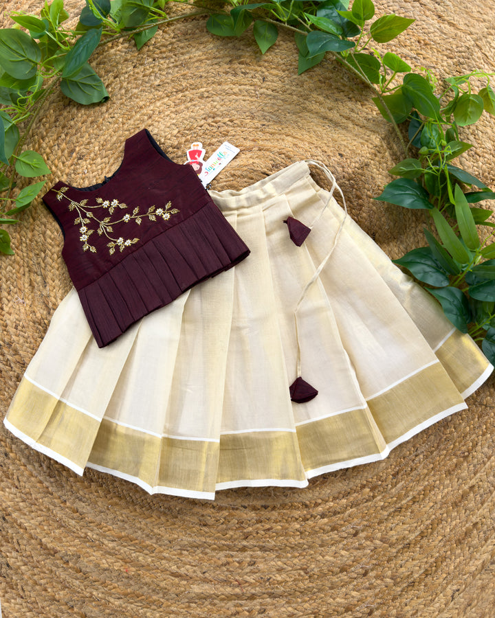 Burgundy Kerala handwork lehenga choli for baby girl – front view, Stanwells Kids