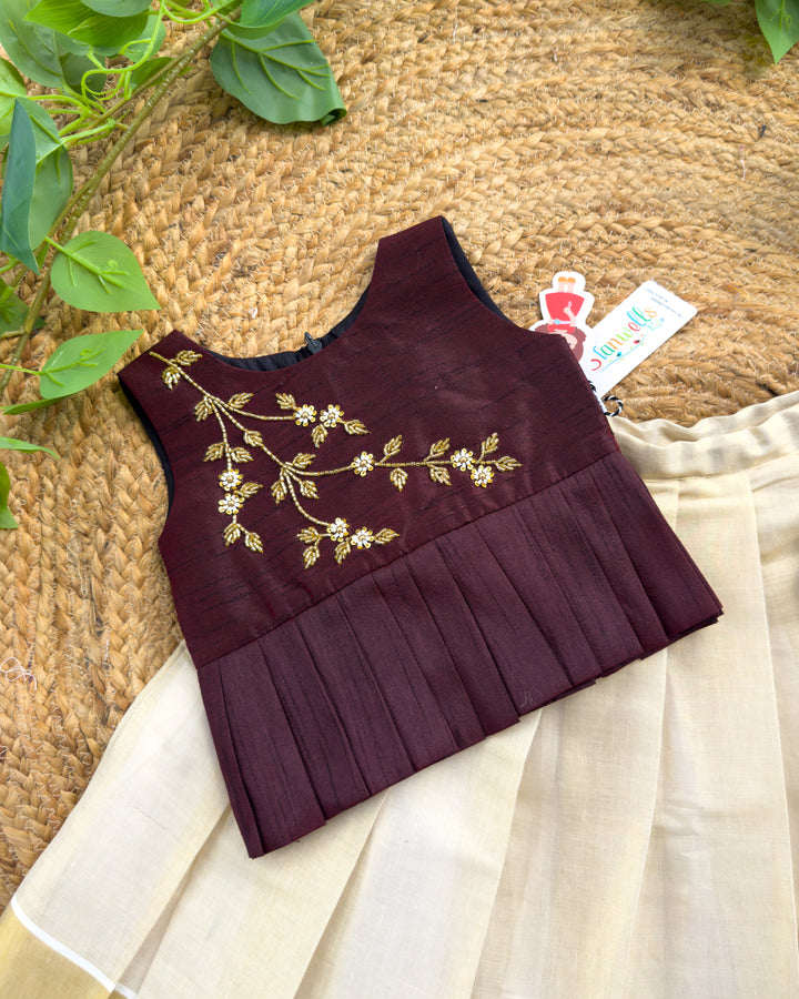 Golden bead handwork yoke detail on burgundy silk lehenga blouse – Stanwells Kids