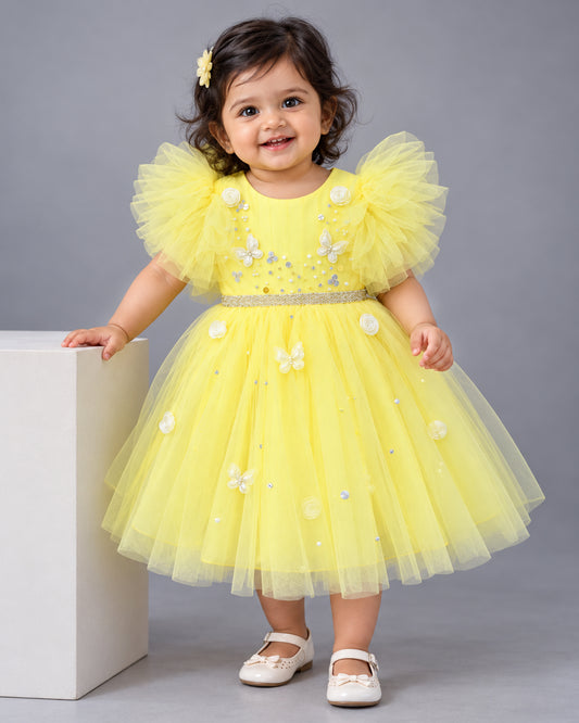 Butter Yellow Butterfly Applique Designer Frock for Baby Girl – Stanwells Kids