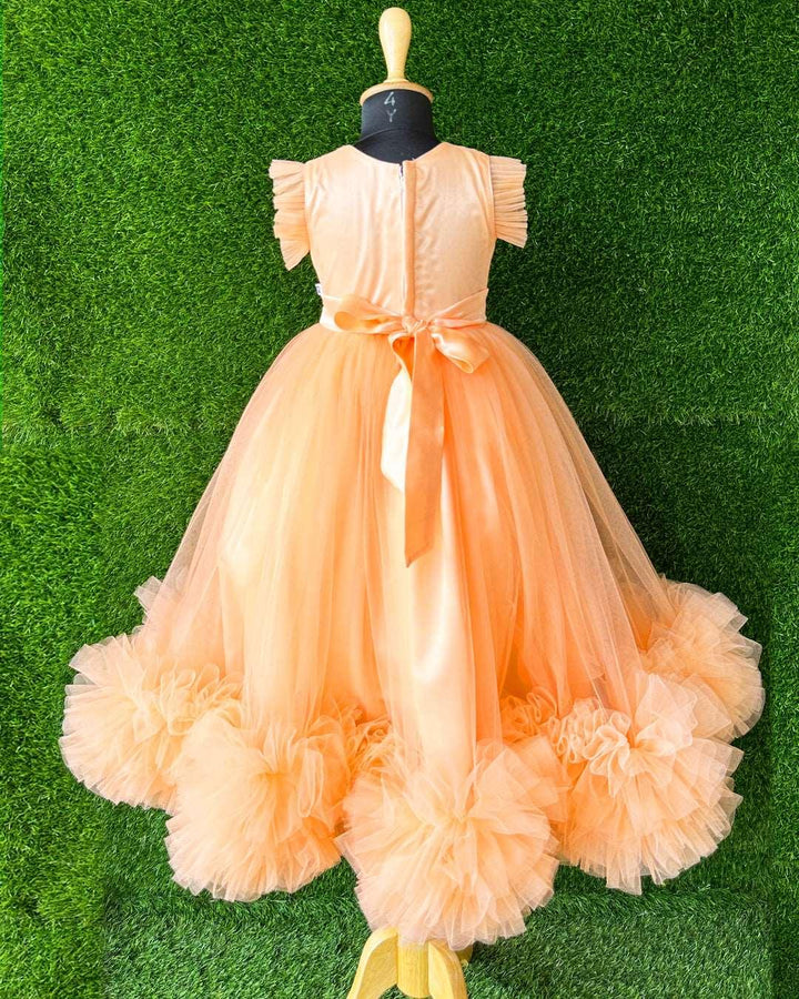 Light Peach Hand Embroidery Flower Gown- Matching Hair Band.
Material : Light Peach Colour long Gown. Light peach colour net is the main material of the gown.Golden beaded hand work is done on the neck portion and beads sprea