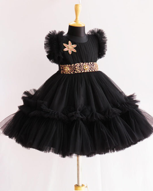 Black heavy handwork pleated ruffled birthday frock for baby girl – Stanwells Kids