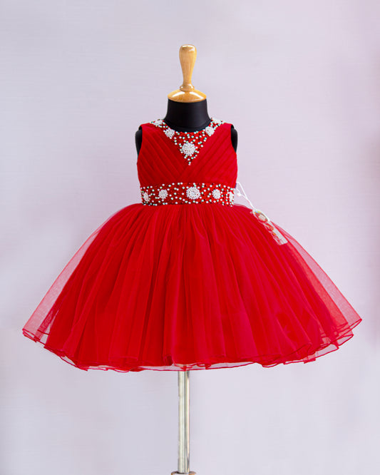 Chilly red handwork V-cut birthday frock for baby girl – Stanwells Kids