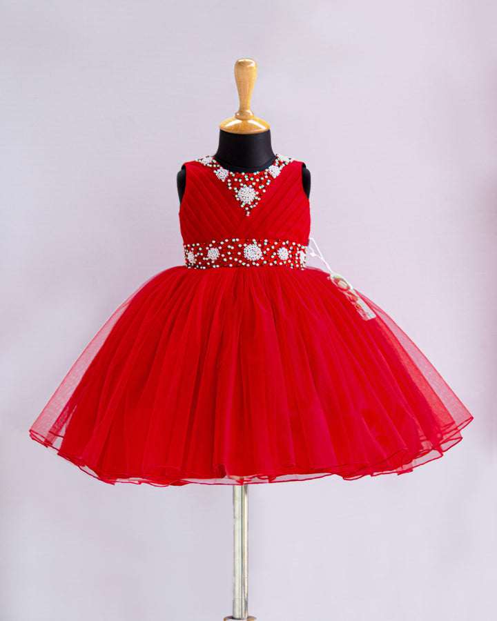 "Chilly Red Handwork Partywear Frock for Baby Girls, Elegant Birthday Dress, Stylish Baby Girls Outfit, Special Occasion Party Dress, Kids Fashionable Frock"

