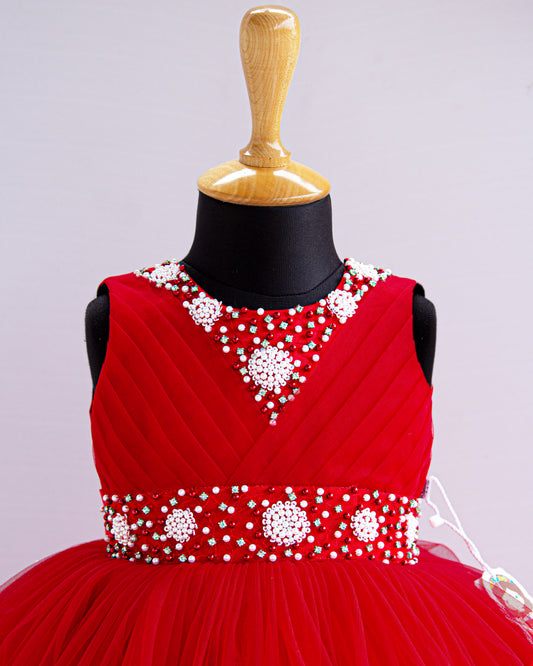 Chilly red V-cut pleated yoke frock front view – Stanwells Kids