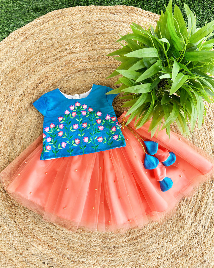 Coral Peach Blue Hand Embroidery Skirt and Top - Baby Girl Birthday Dress