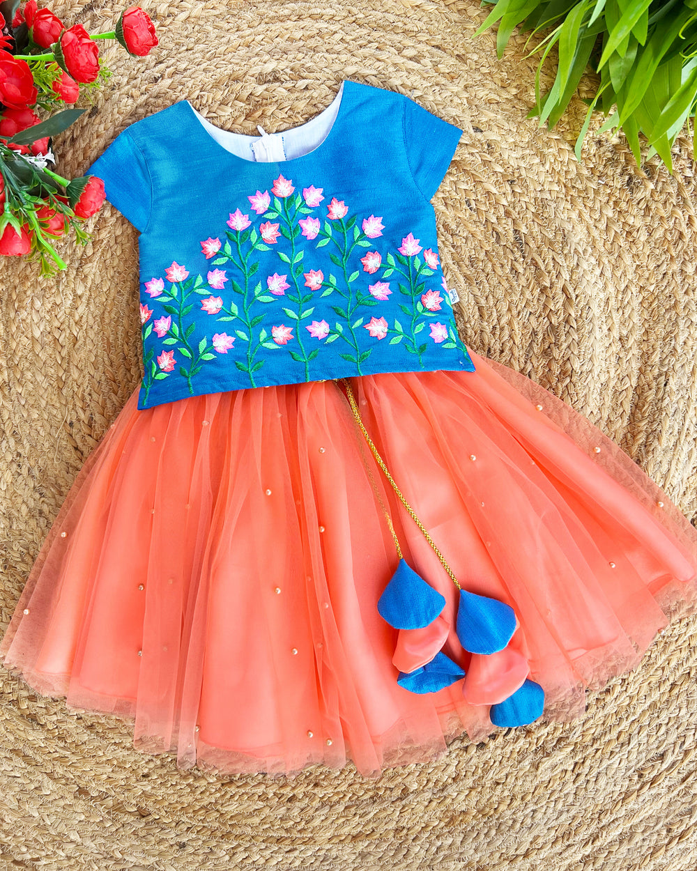 Coral Peach Blue Hand Embroidery Skirt and Top - Baby Girl Birthday Dress