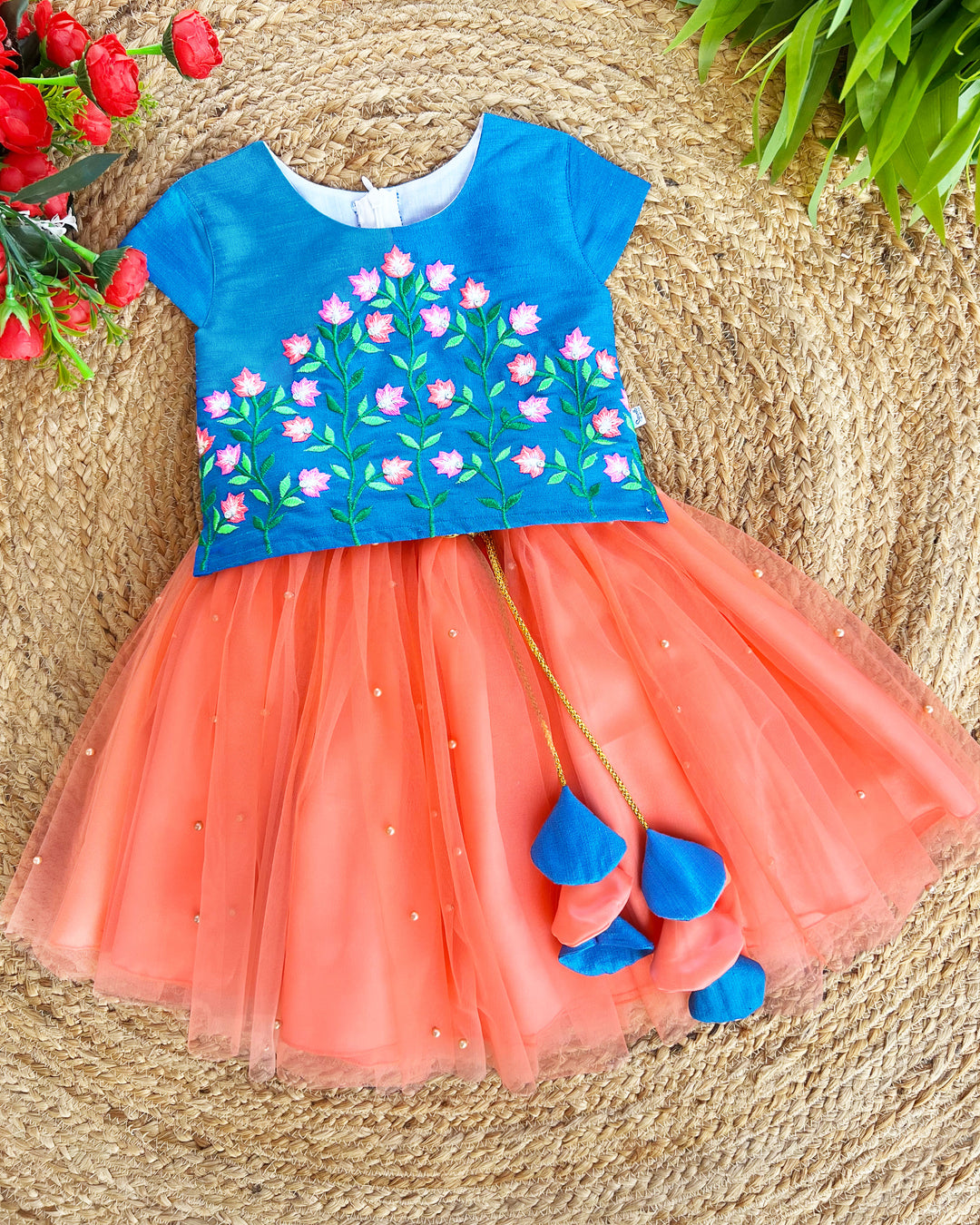 Coral Peach Blue Hand Embroidery Skirt and Top - Baby Girl Birthday Dress