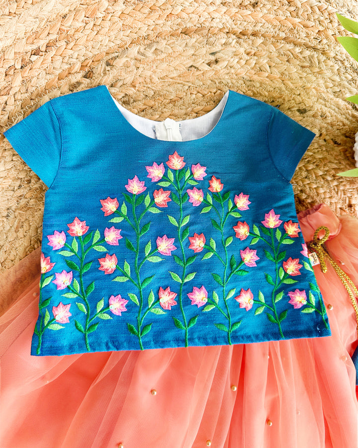 Coral Peach Blue Hand Embroidery Skirt and Top - Baby Girl Birthday Dress