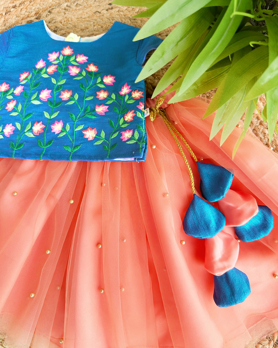 Coral Peach Blue Hand Embroidery Skirt and Top - Baby Girl Birthday Dress