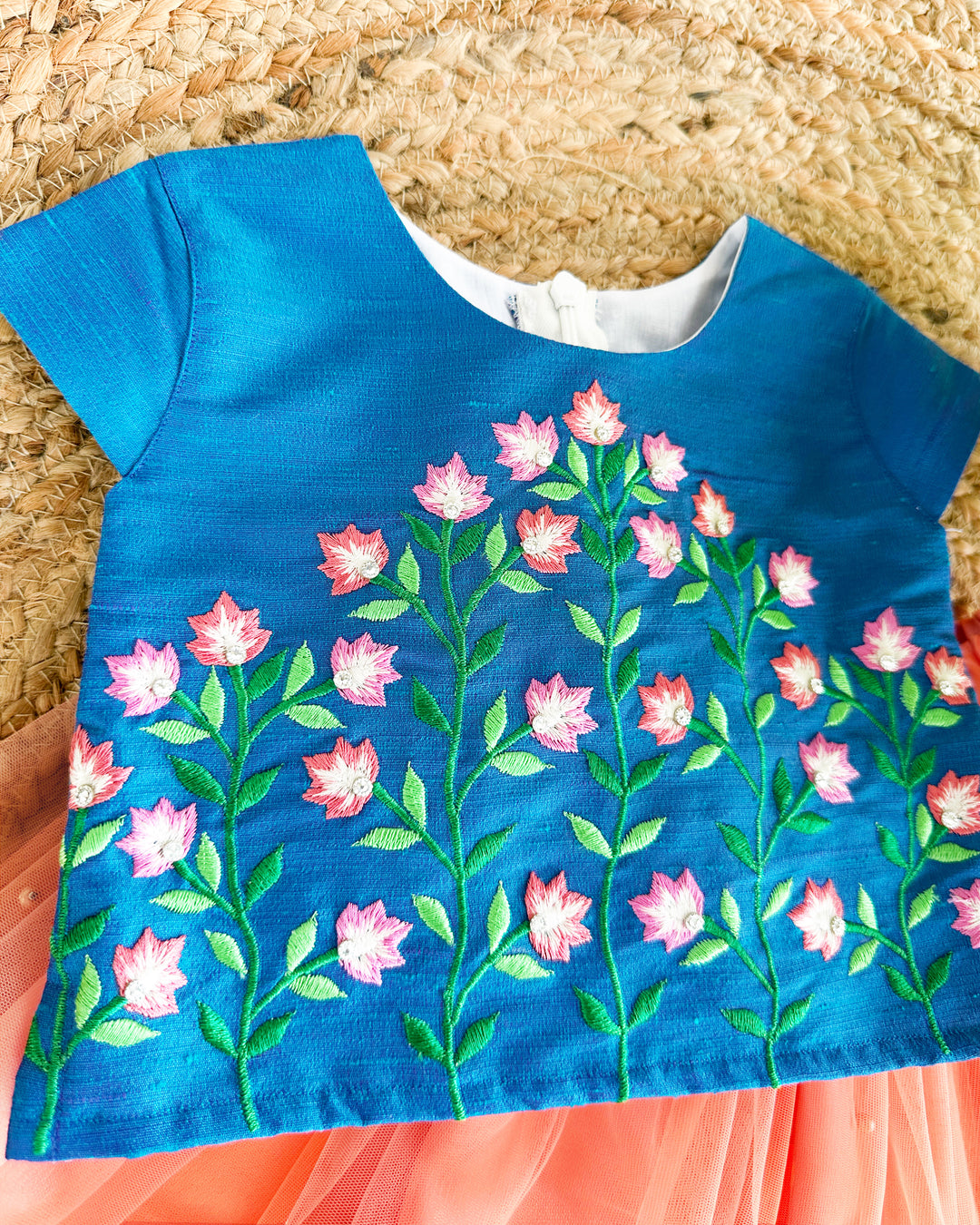 Coral Peach Blue Hand Embroidery Skirt and Top - Baby Girl Birthday Dress