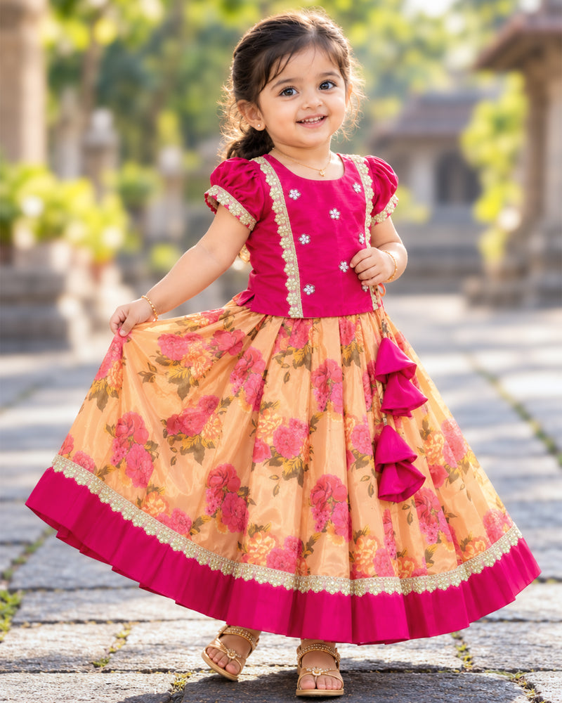 Coral Chinon Floral Print Lace Lehenga for Baby Girl – Stanwells Kids