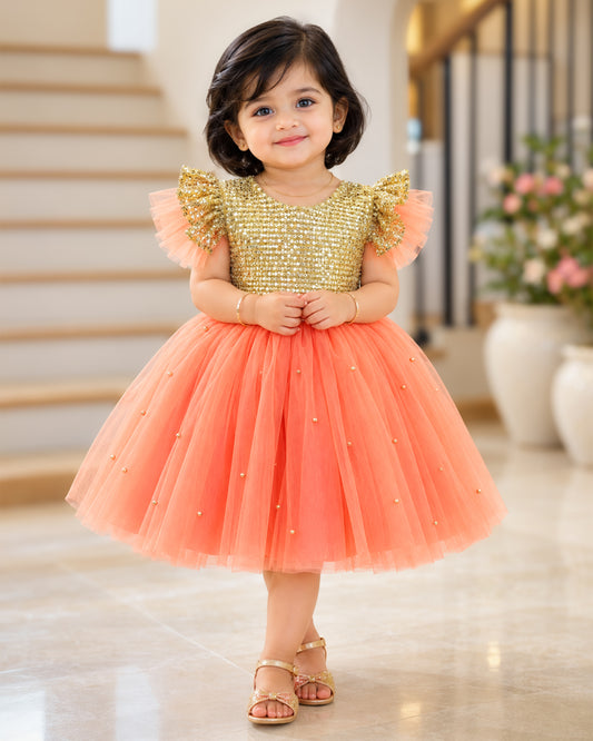 Coral golden sequins designer yoke birthday frock full view – Stanwells Kids