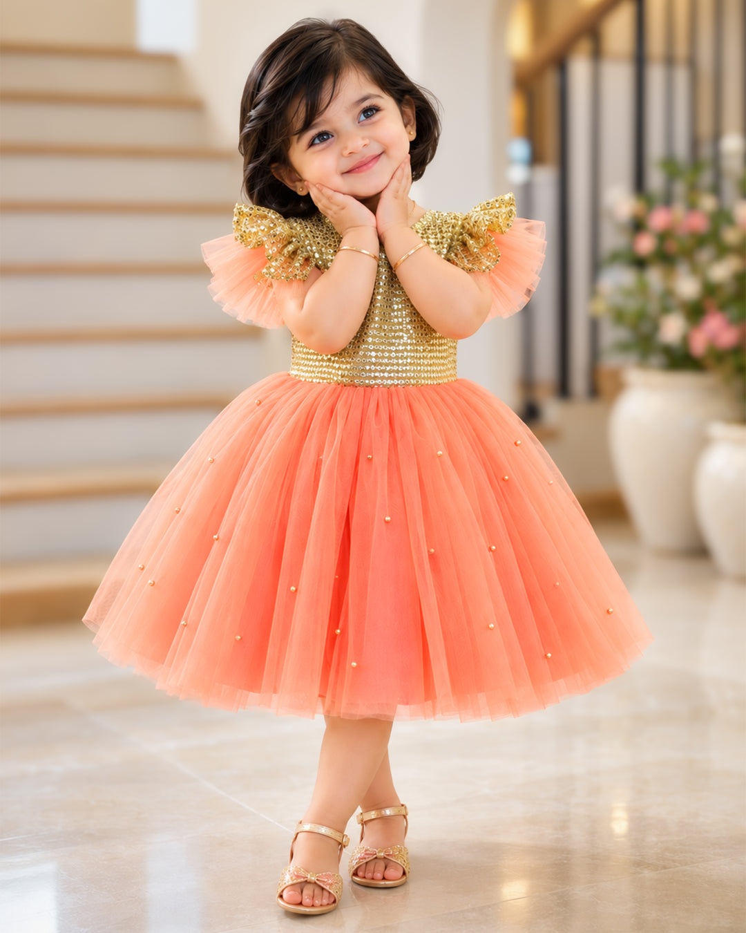Coral golden sequins designer yoke birthday frock full view – Stanwells Kids