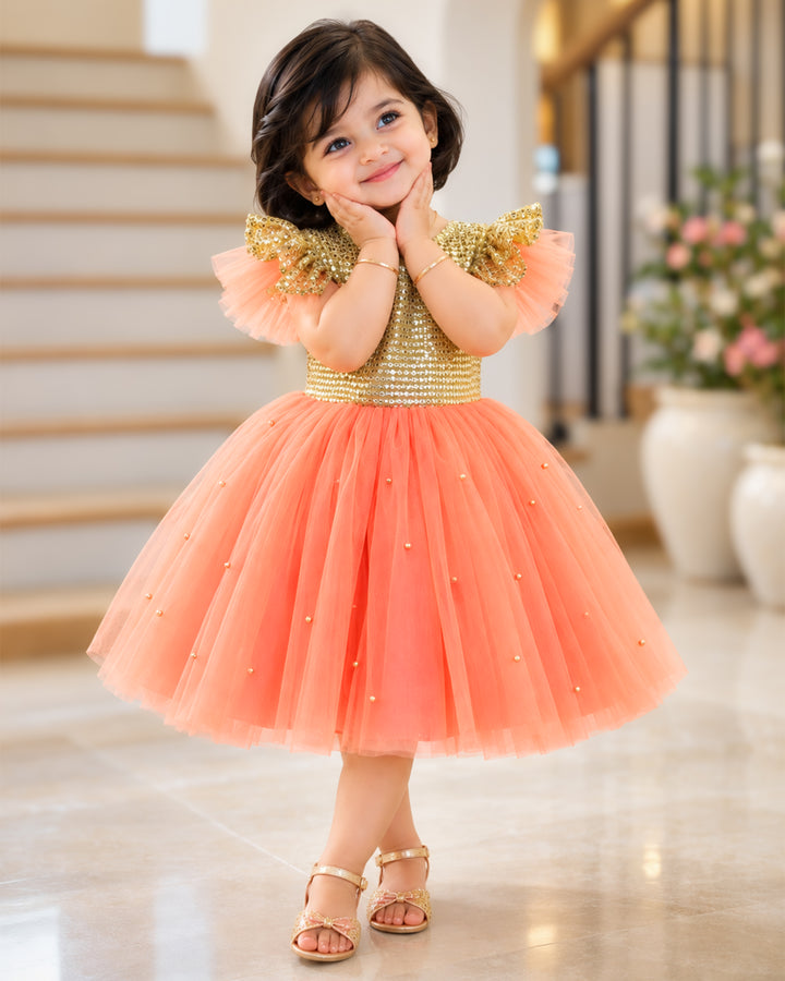 Coral golden sequins designer yoke birthday frock full view – Stanwells Kids