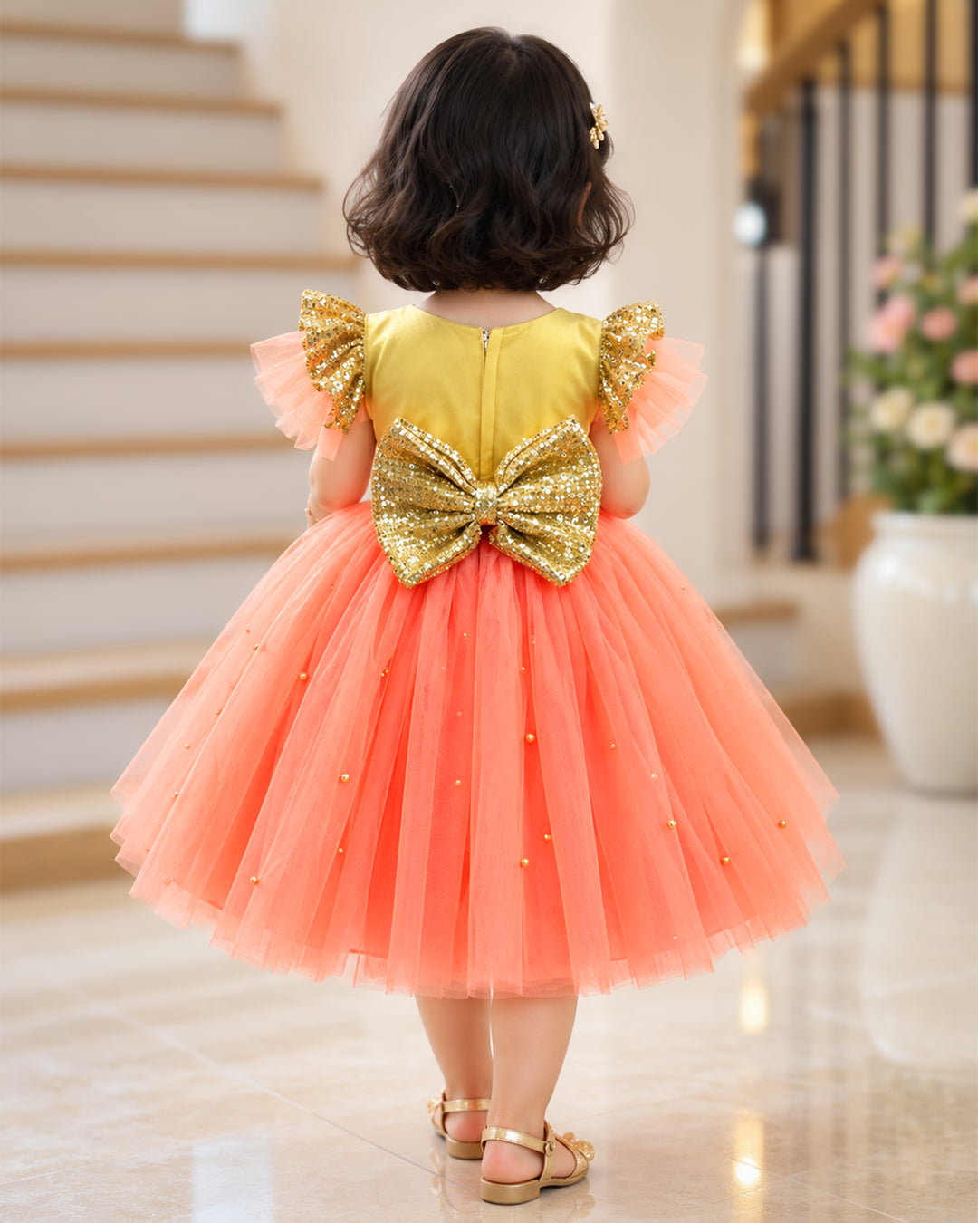 Coral golden sequins birthday party wear frock for baby girl India – Stanwells Kids