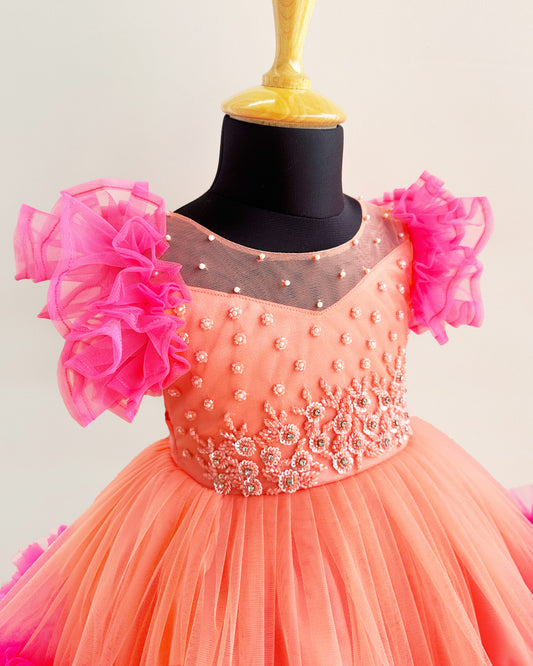 Coral peach heavy handwork frock front view – Stanwells Kids