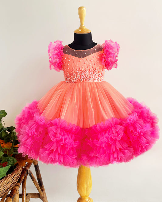Coral peach heavy handwork cut bead birthday frock for baby girl – Stanwells Kids