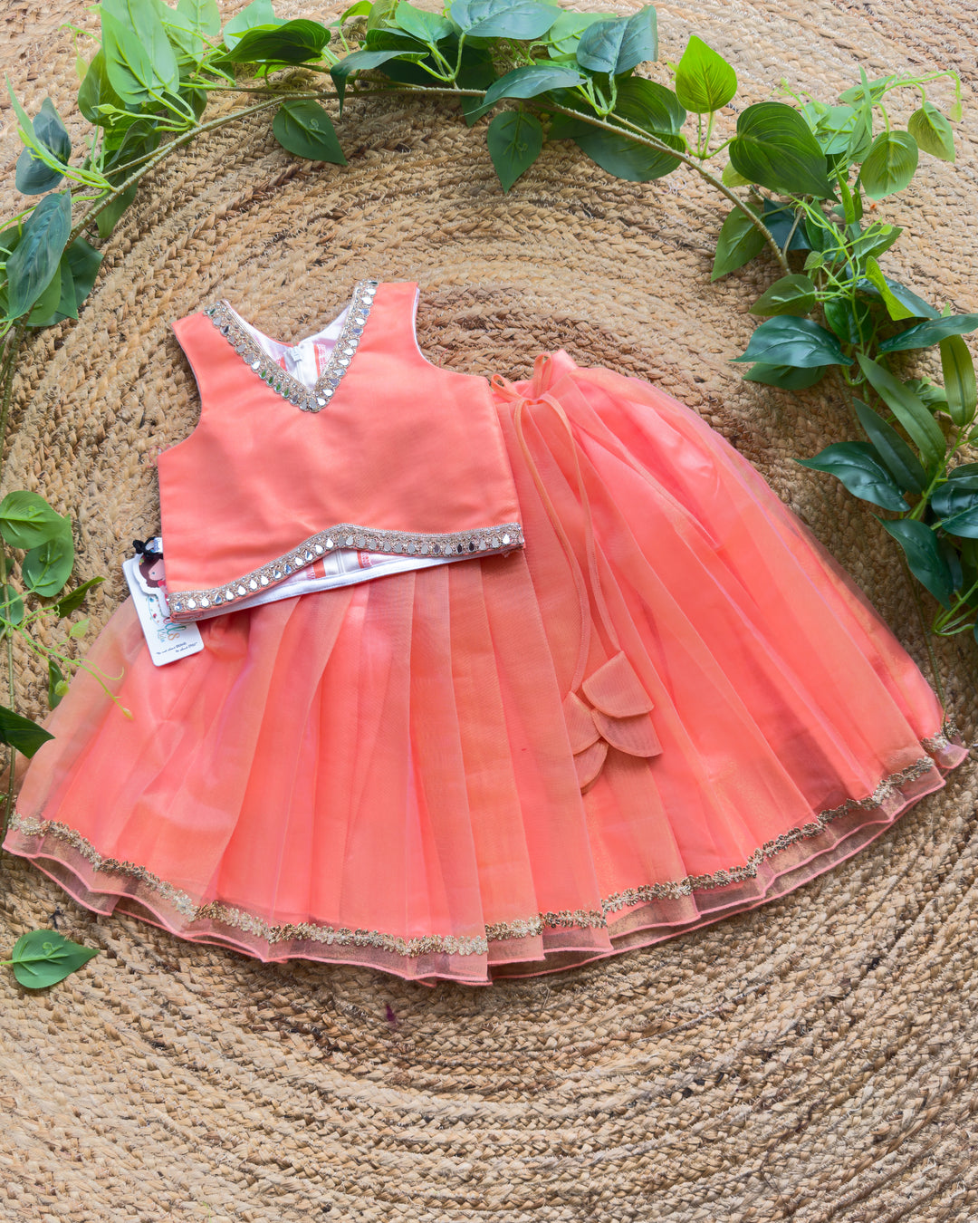 Coral twill net lehenga choli V-neck silver lace blouse detail – Stanwells Kids