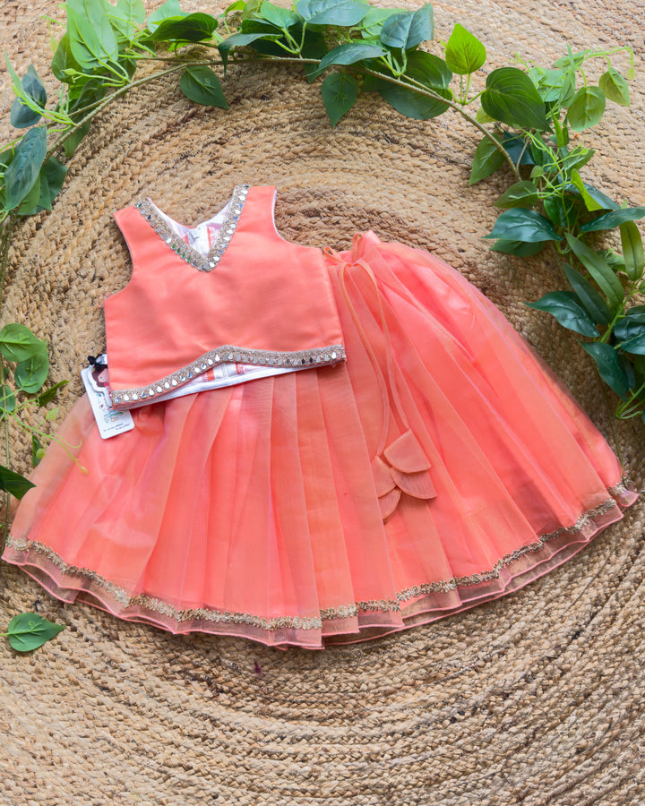 Coral twill net lehenga choli V-neck silver lace blouse detail – Stanwells Kids