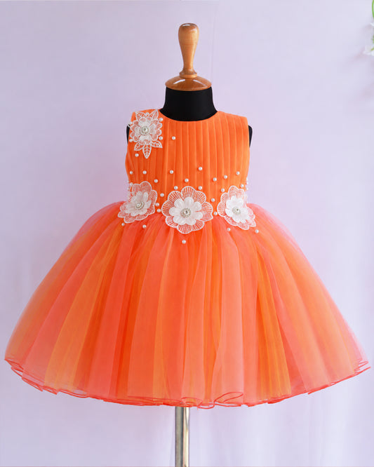 Coral yellow dual shade flower birthday frock for baby girl – Stanwells Kids