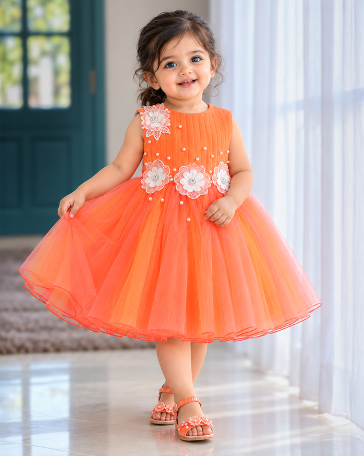 Coral yellow dual shade flower birthday frock for baby girl – Stanwells Kids