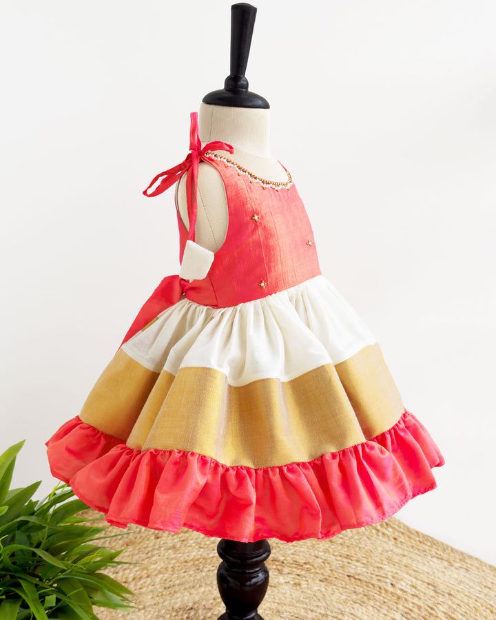Cream peach Kerala Kasavu handwork Kettuduppu frock for baby girl,Stanwells kids
