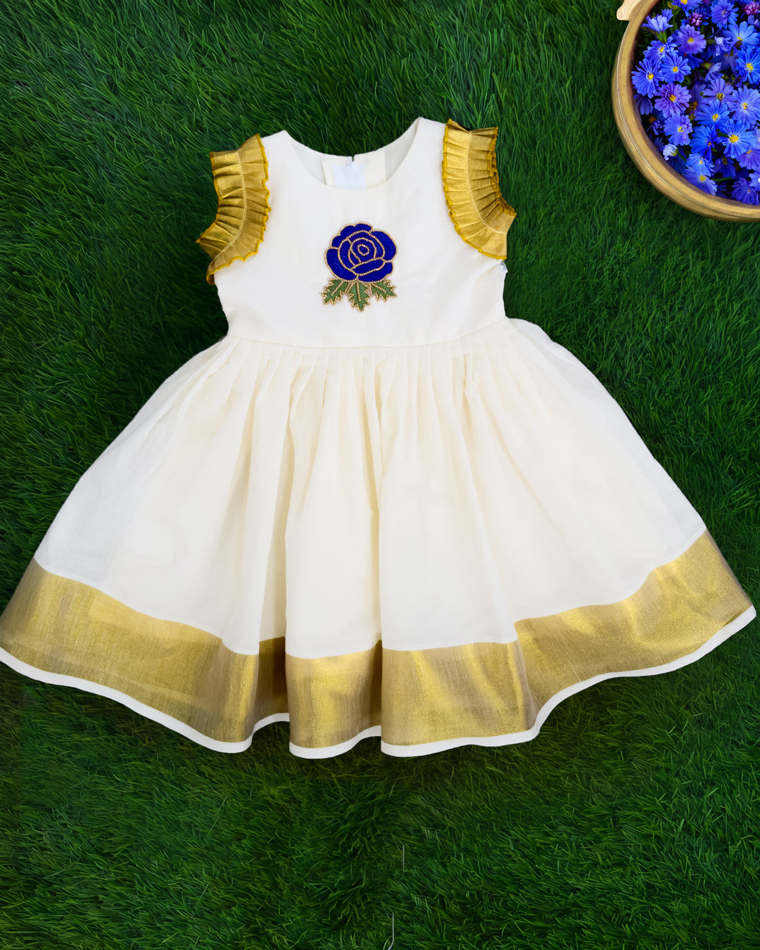 Cream floral handwork Kerala premium Kasavu frock for baby girl – front view, Stanwells Kids