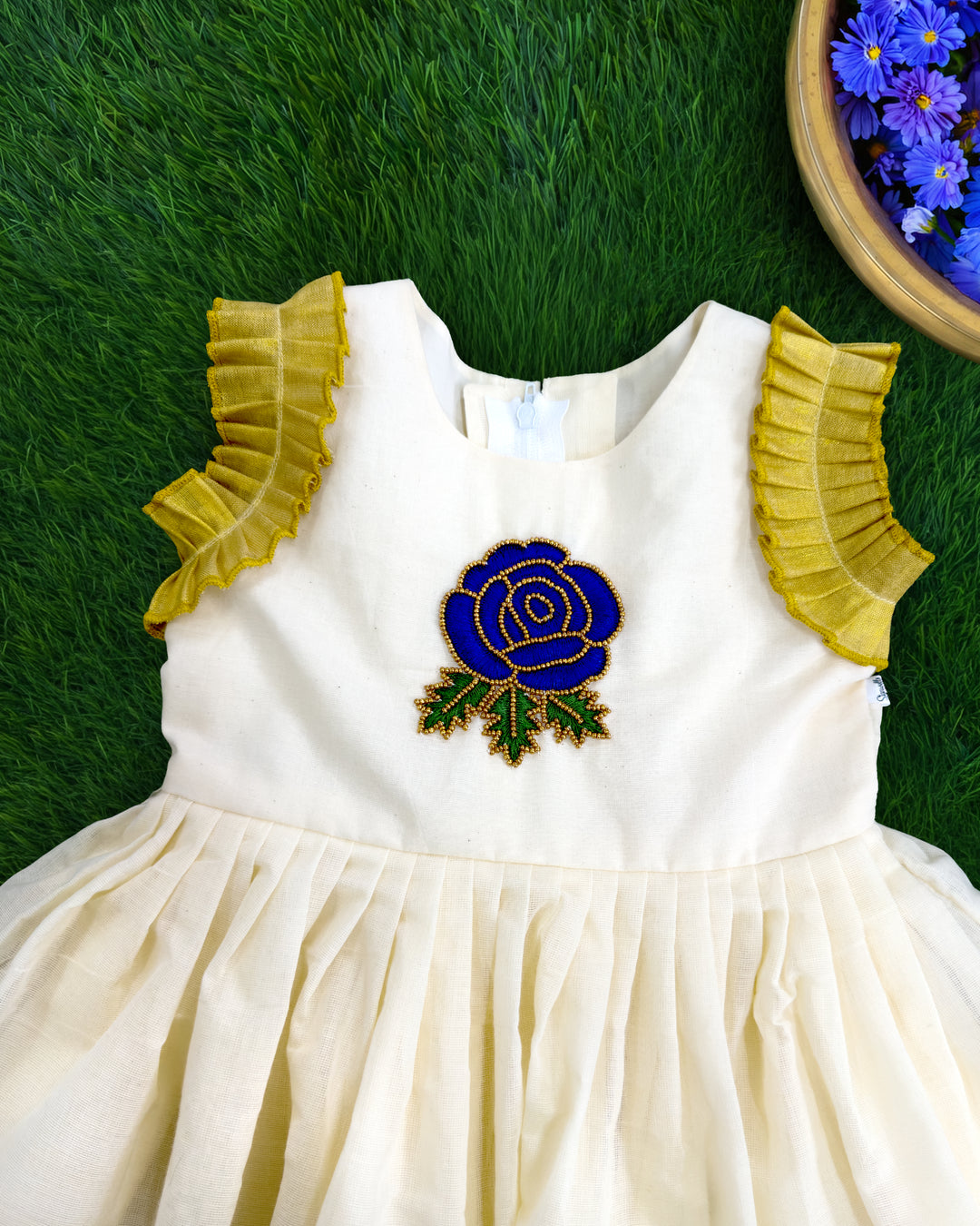 Floral embroidery yoke on cream handloom Kasavu frock for Onam – Stanwells Kids
