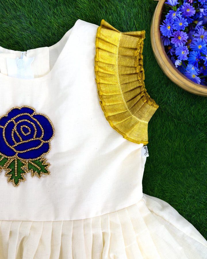 Golden Kasavu border on cream floral handwork frock for girls – Stanwells Kids