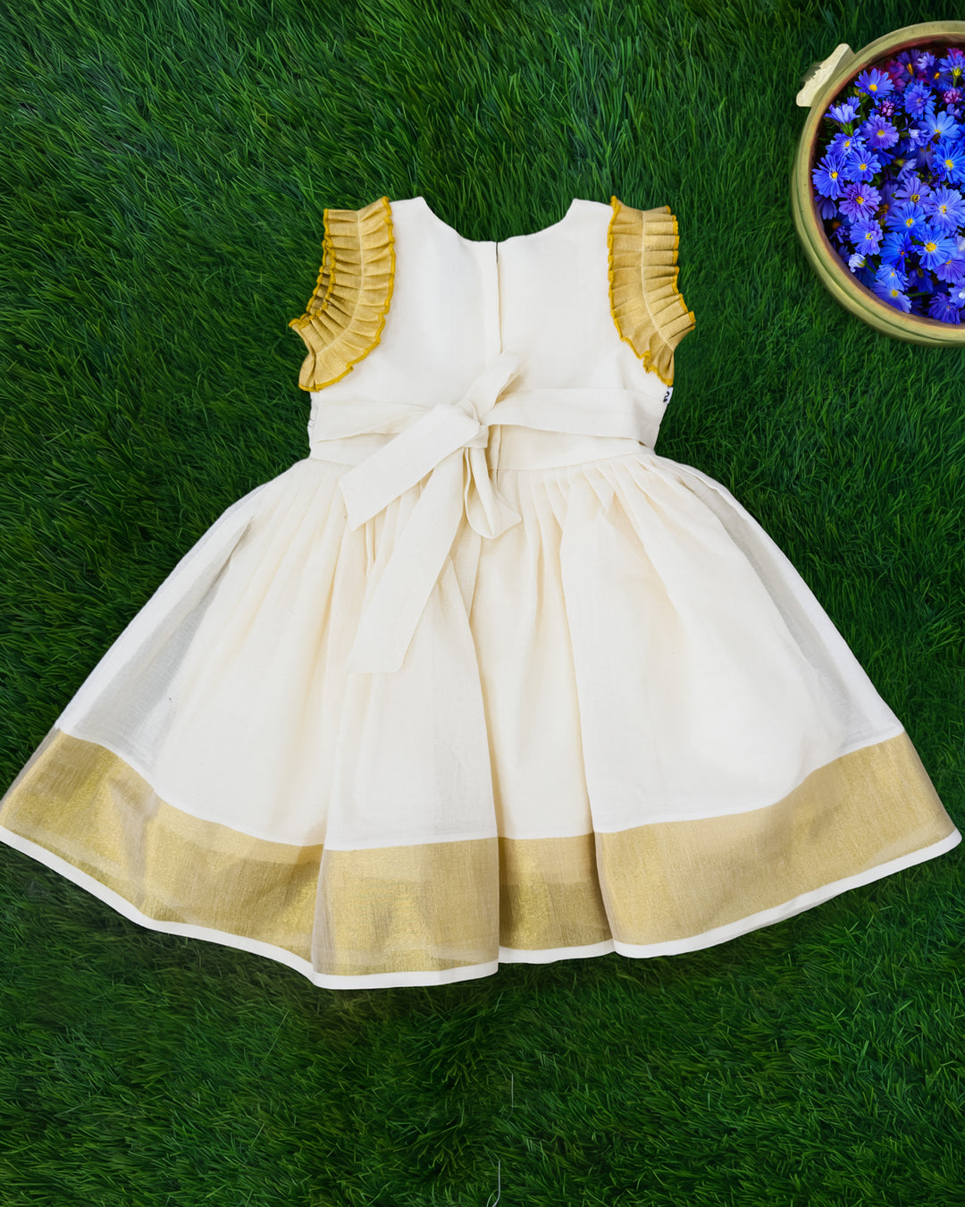 Cream Kerala premium Kasavu frock full look for baby girl – Stanwells Kids
