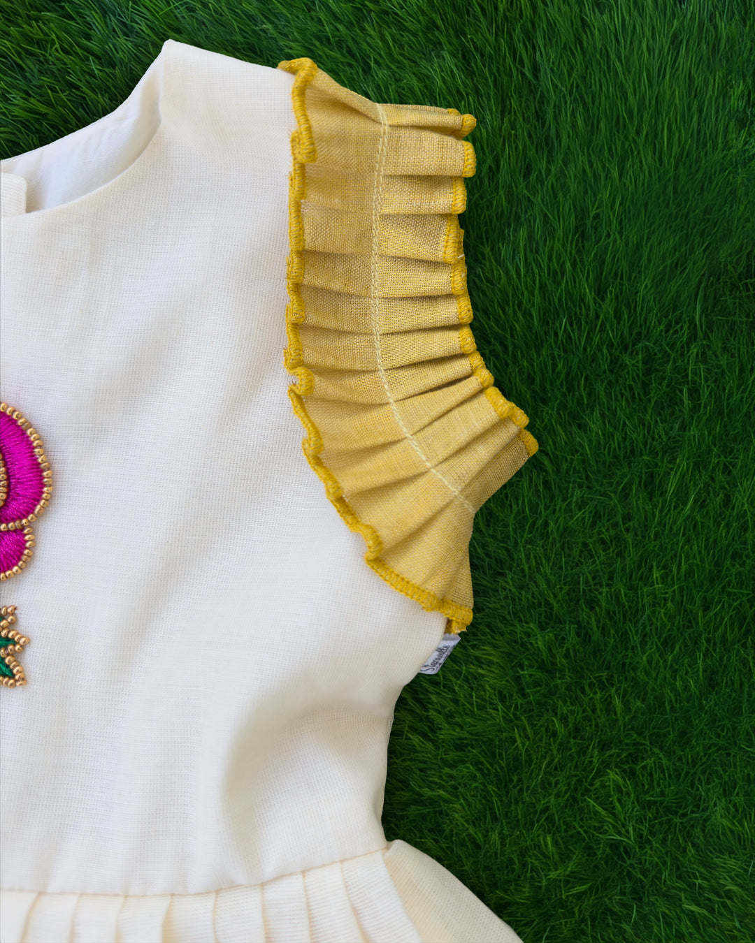 Golden Kasavu border cream floral handwork traditional frock for girls – Stanwells Kids
