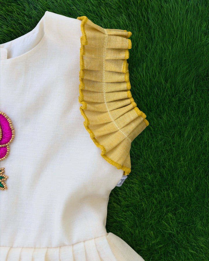 Golden Kasavu border cream floral handwork traditional frock for girls – Stanwells Kids