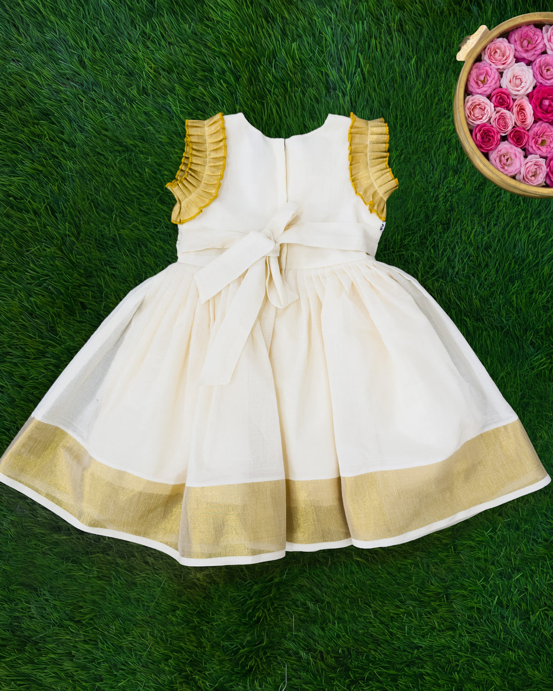 Cream Kerala handloom Kasavu frock full look for baby girl – Stanwells Kids