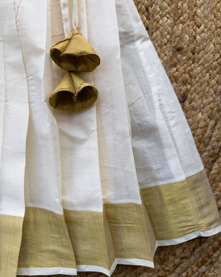 Cream gold Kerala tissue lehenga skirt kasavu detail – Stanwells Kids