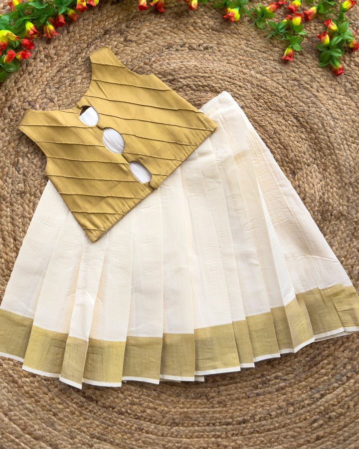 Stanwells Kids cream gold Kerala tissue lehenga choli brand view