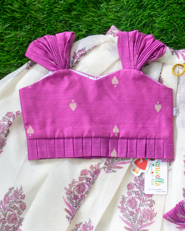 Floral printed yoke on cream Kota net premium lehenga choli for girls – Stanwells Kids
