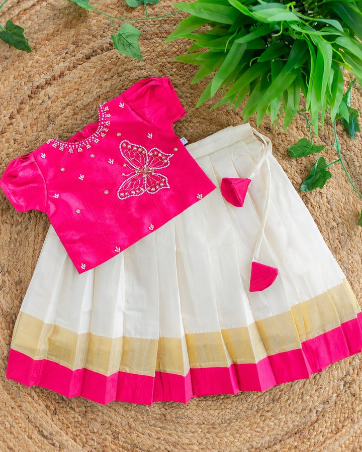 Cream pink butterfly handwork lehenga choli for baby girl – front view, Stanwells Kids