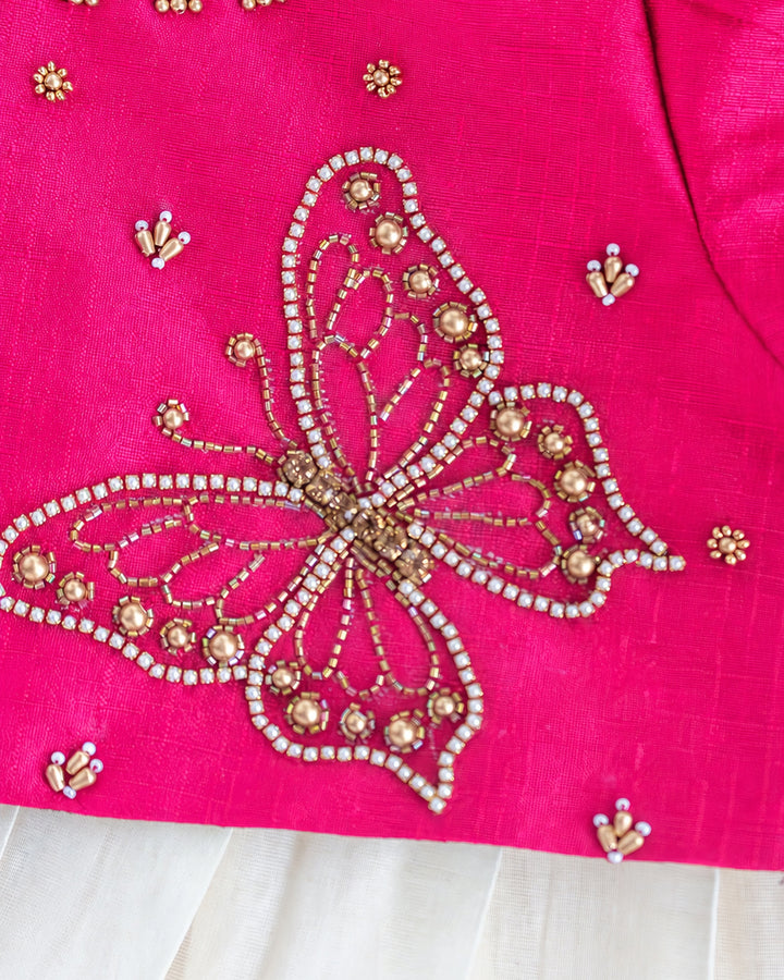 Kerala tissue silk lehenga skirt with cream pink butterfly handwork choli – Stanwells Kids