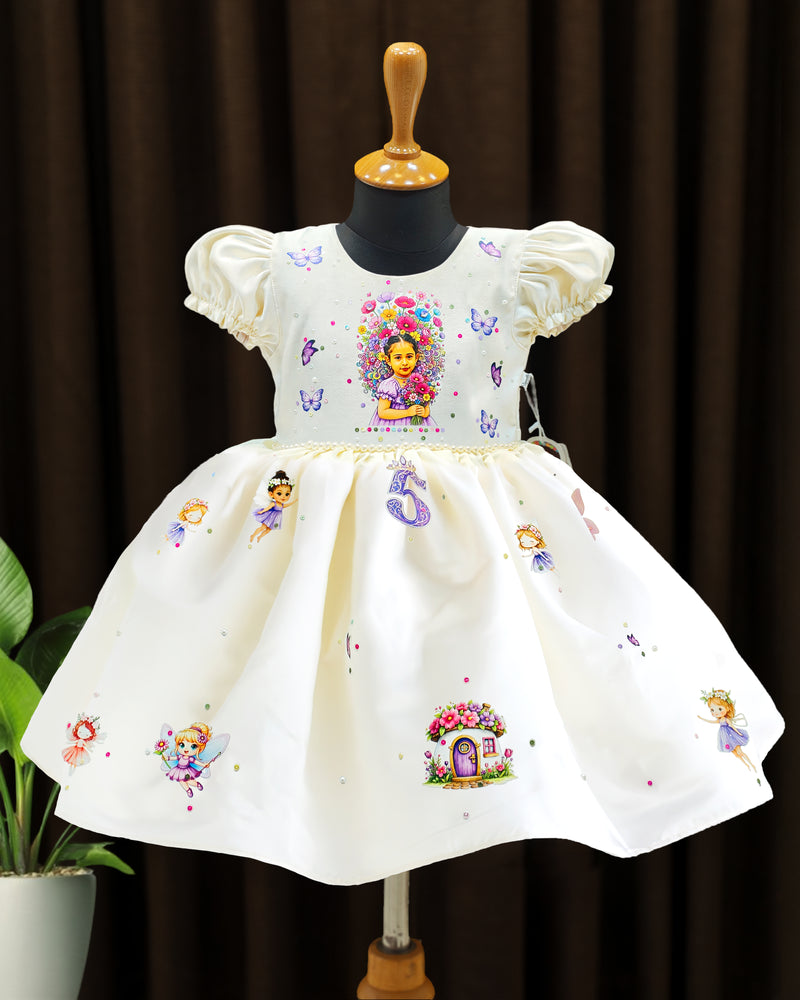 Cream Shade Photo Printed Custom Fairy Birthday Theme Frock for Baby Girl – Stanwells Kids