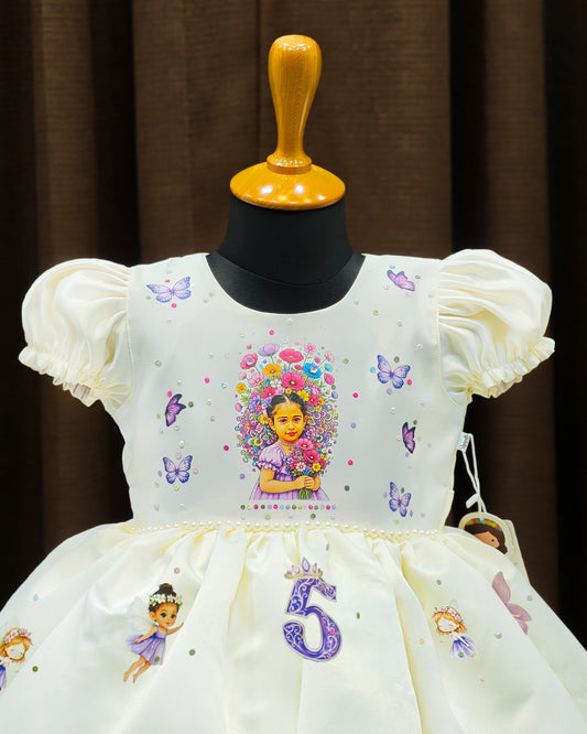 Custom fairy theme photo print detail on cream satin birthday frock – Stanwells Kids