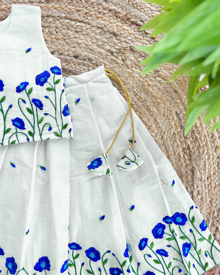 Baby girls cream blue birthday dress cotton lehenga choli with floral embroidery