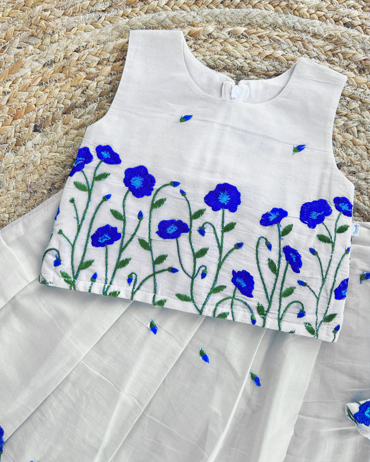Baby girls cream blue birthday dress cotton lehenga choli with floral embroidery