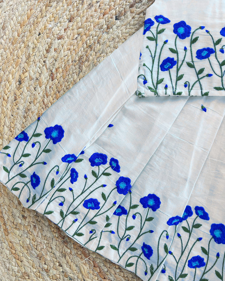 Baby girls cream blue birthday dress cotton lehenga choli with floral embroidery
