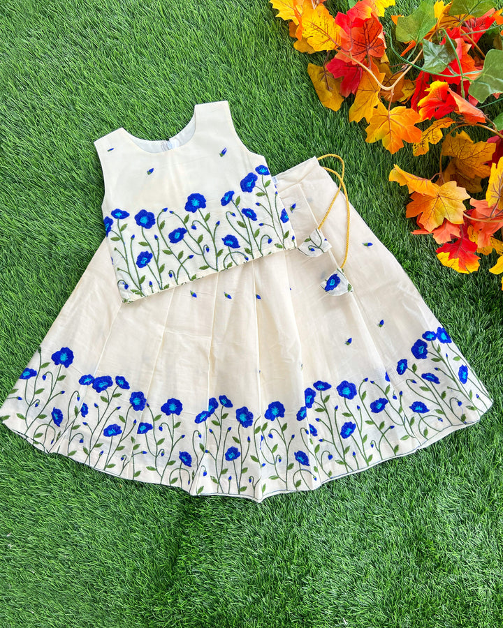 Baby girls cream blue birthday dress cotton lehenga choli with floral embroidery