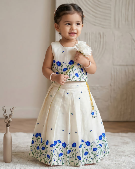 Cream blue floral embroidery Onam lehenga choli for baby girl – Stanwells Kids